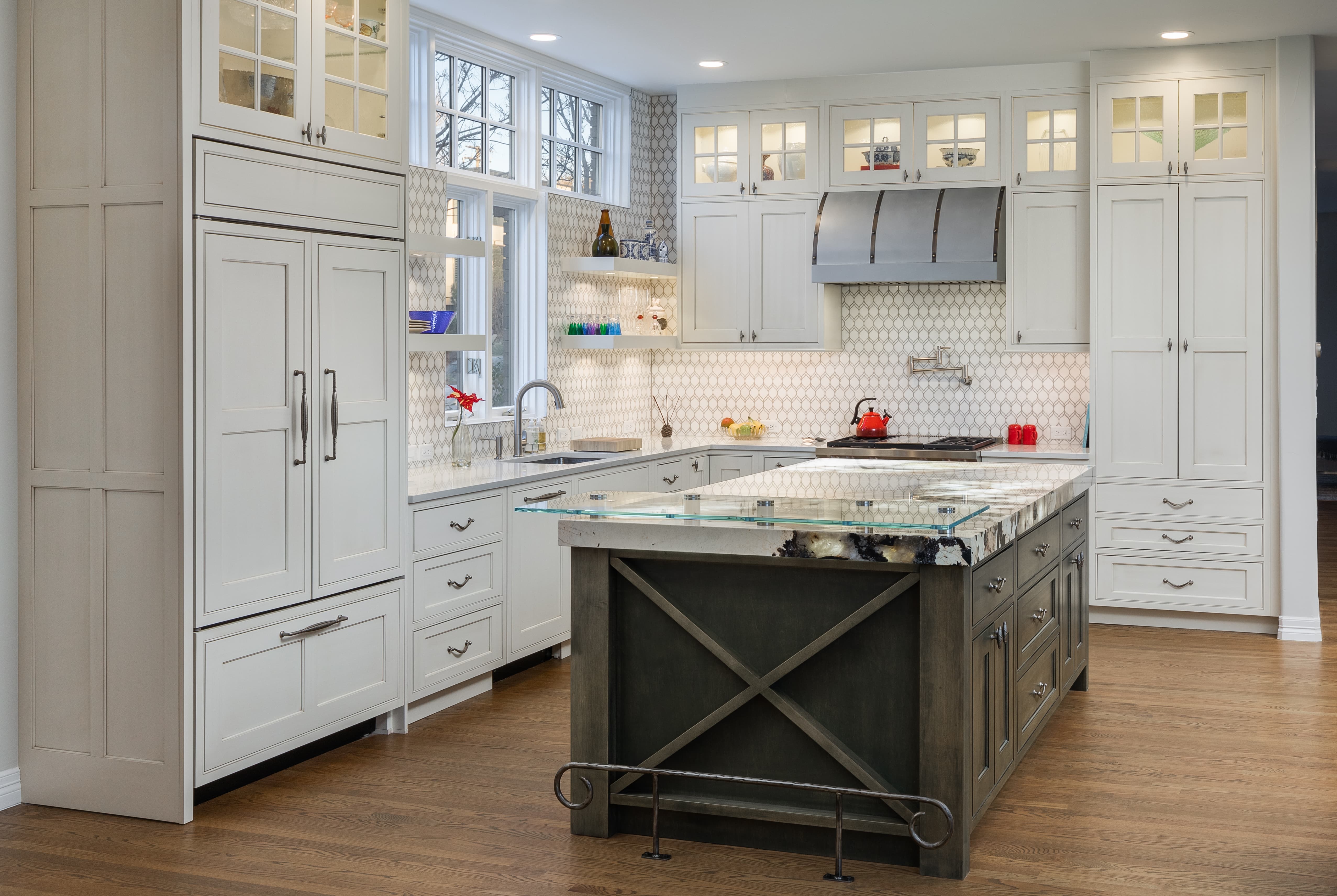 YK Stone Center fabrication shop denver, patagonia kitchen island. beige cabinets