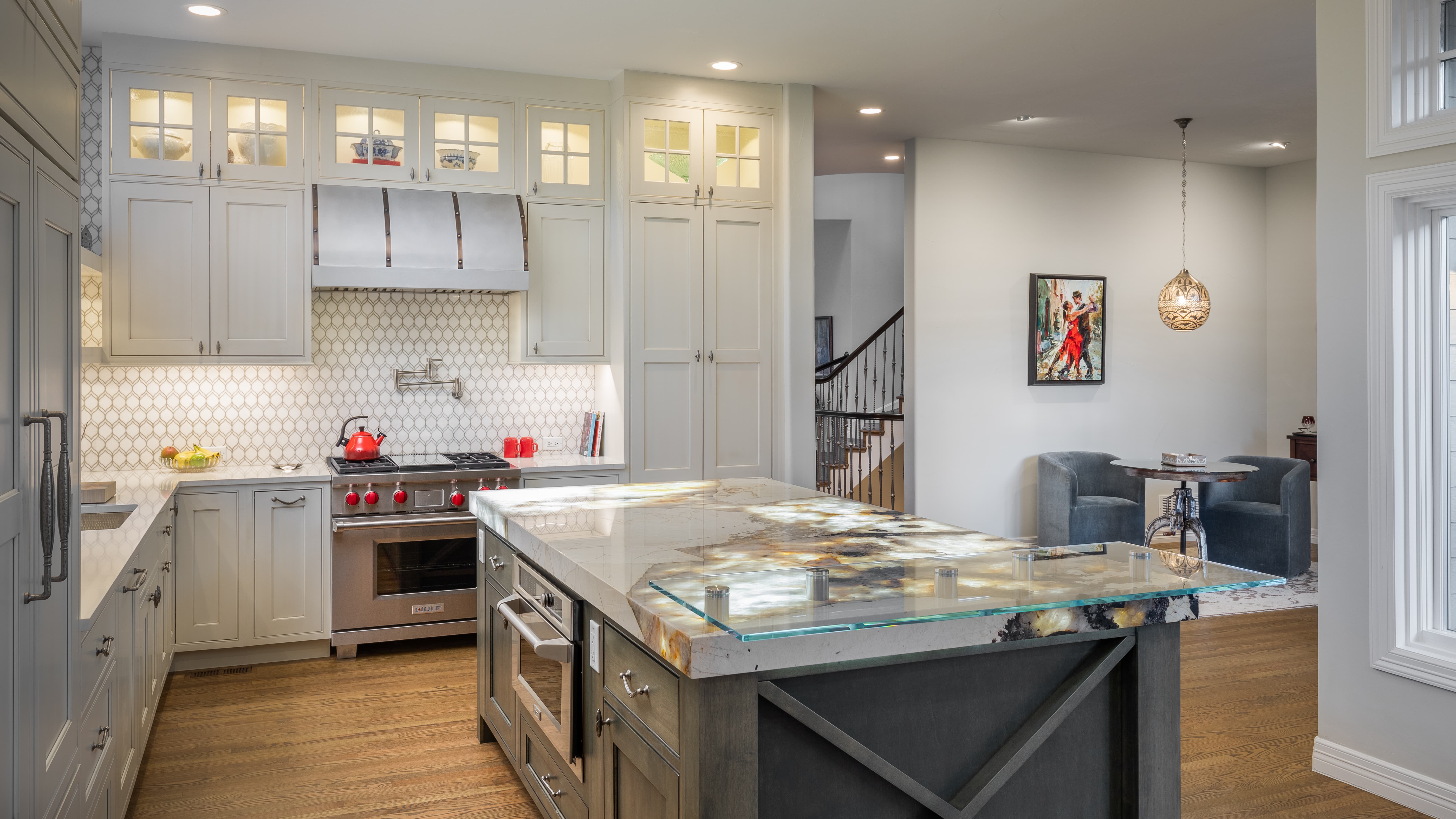 YK Stone Center fabrication shop denver, patagonia kitchen island, white cabinets