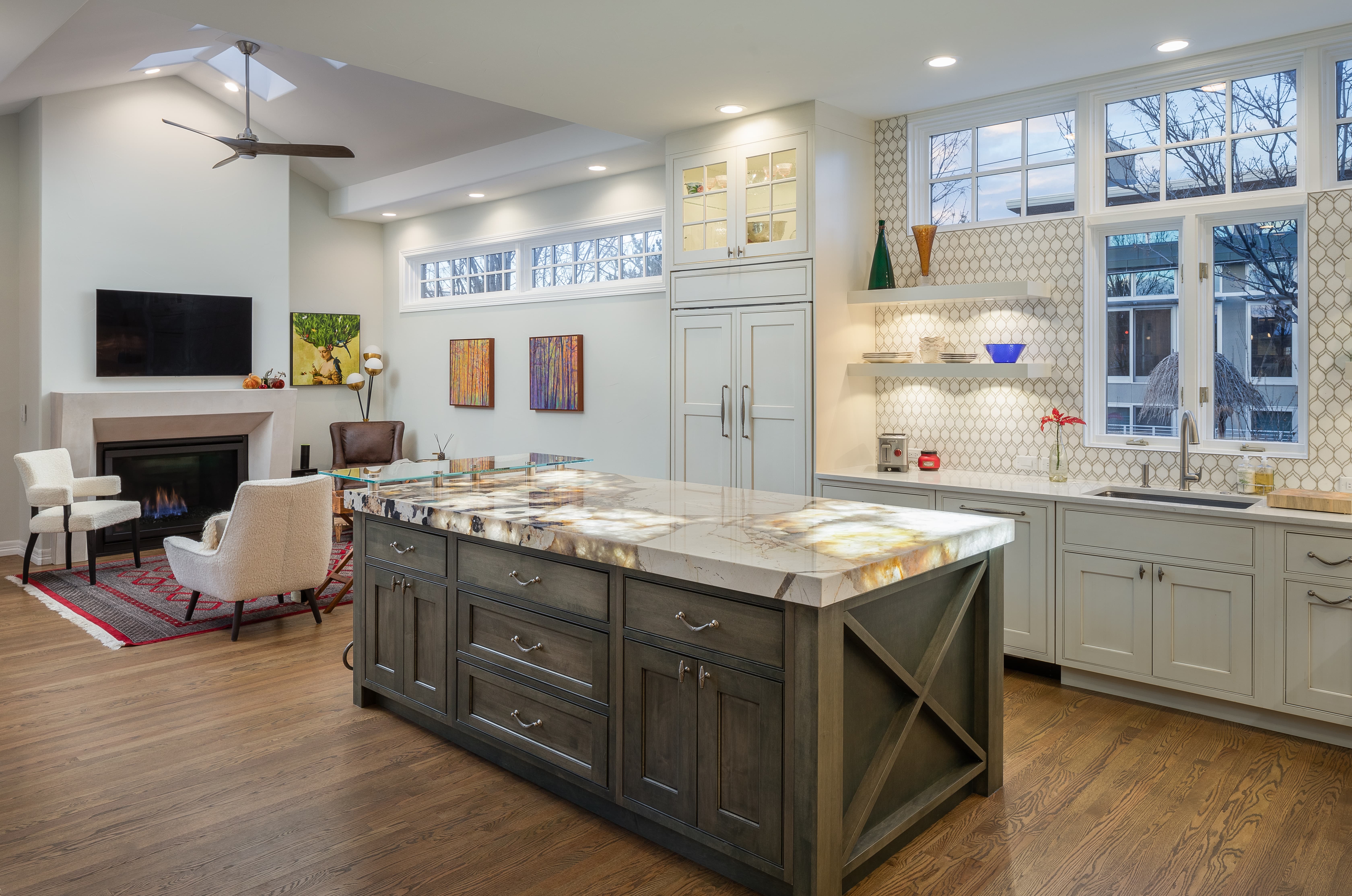 YK Stone Center fabrication shop denver, patagonia kitchen island LED island