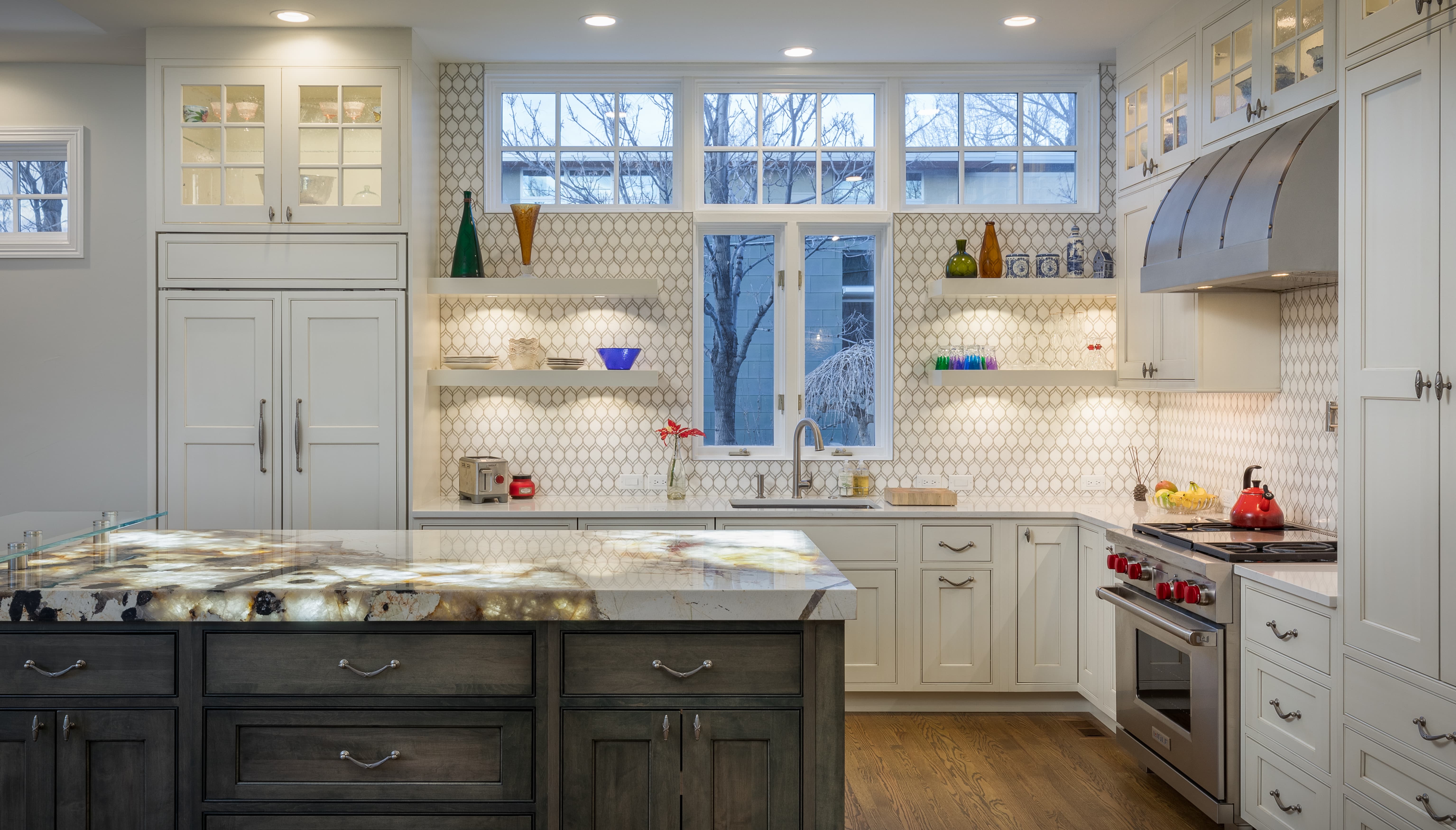 YK Stone Center fabrication shop denver, patagonia kitchen island, under cabinet lighting